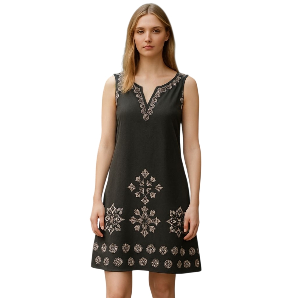 Y2K Le Chateau Dress Womens XL Dark Olive Green Boho Celtic Embrodery Summer